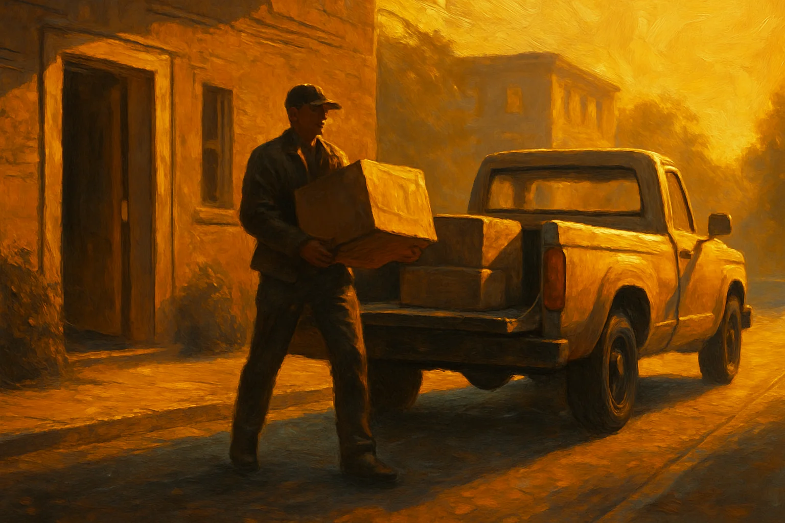 A figure loading a truck in the early morning light, purposeful, the last of a life packed and ready to leave