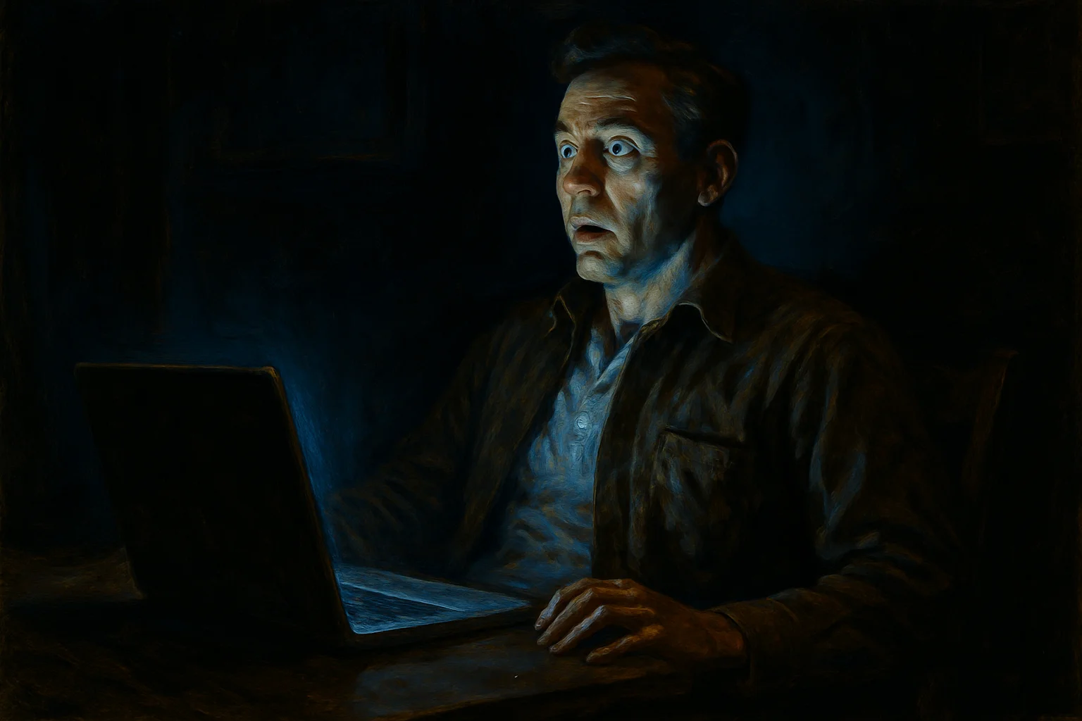 A man in a dim room, face illuminated by a laptop screen, the glow catching the expression of sudden recognition