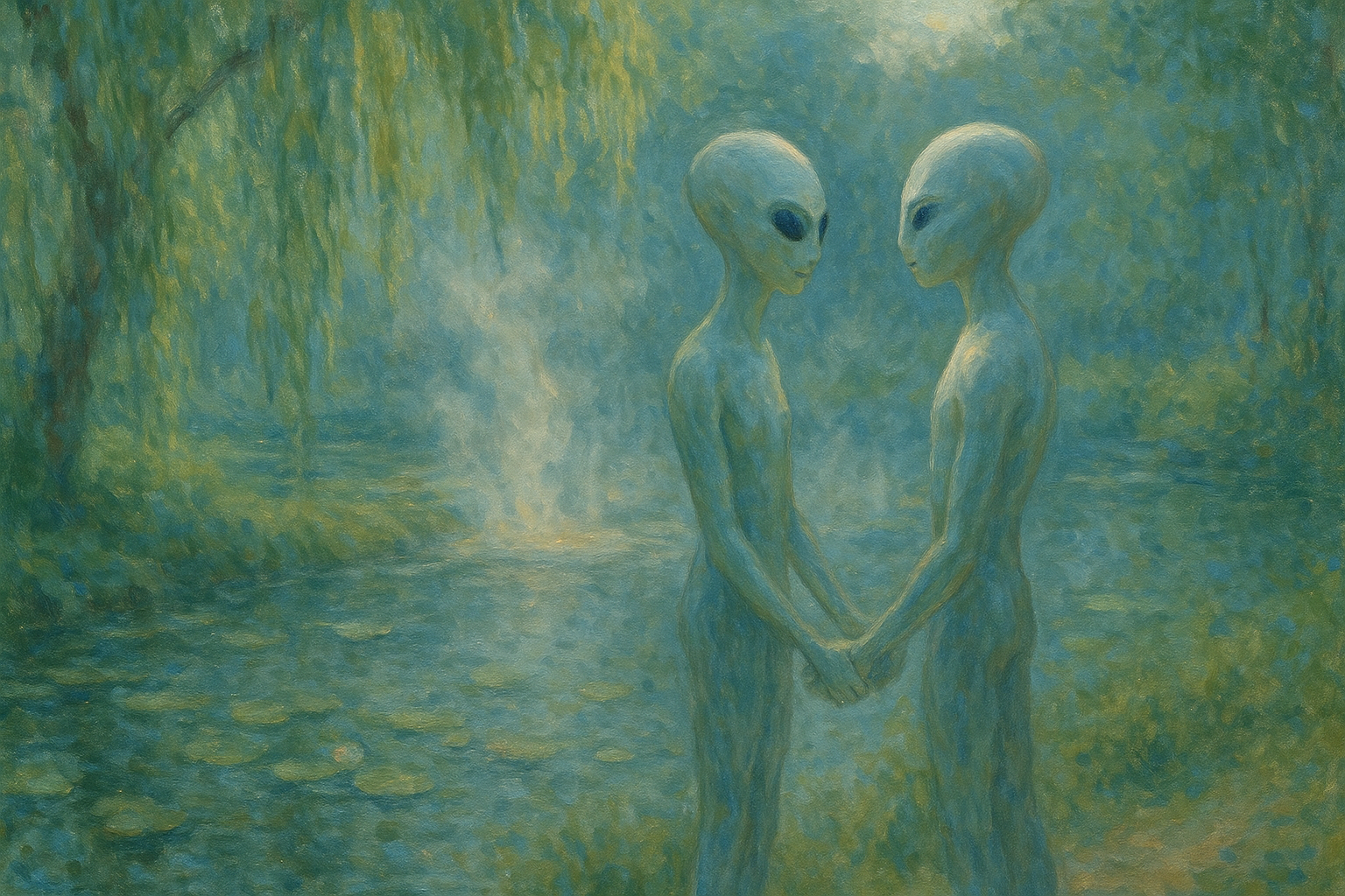 Monet-style impressionistic painting of two pale slender alien figures holding hands beside a misty pond with bubbling hot springs and lily pads, framed by dappled willow trees in soft green and blue light.