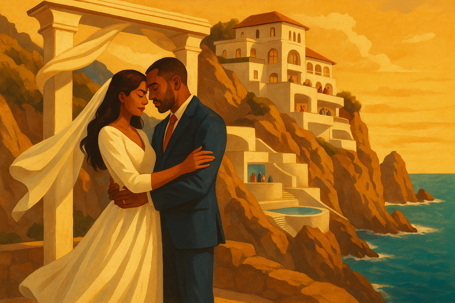 Golden-hour NeoAmericana illustration of a bride and groom embracing at an open-air clifftop altar, with a modern terraced hotel built into a rocky Amalfi-style coastline and turquoise sea behind them.