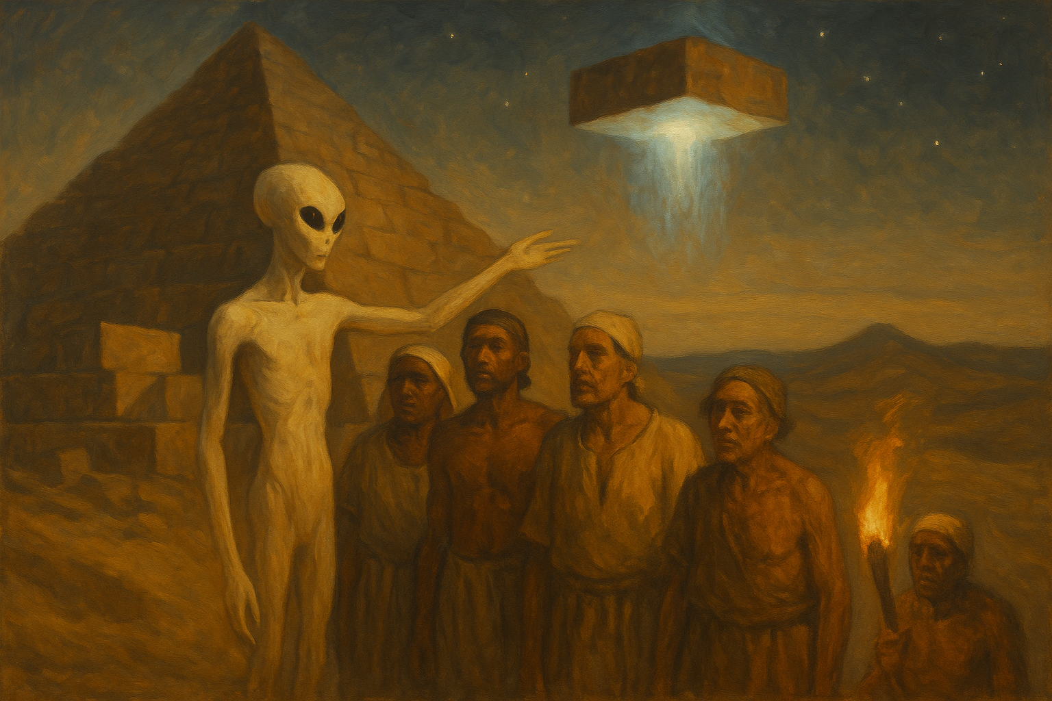 Painterly illustration of a tall pale extraterrestrial figure gesturing toward a half-built pyramid at dusk while a hovering light lifts a massive stone block, watched by a group of ordinary ancient Egyptian workers holding a torch.