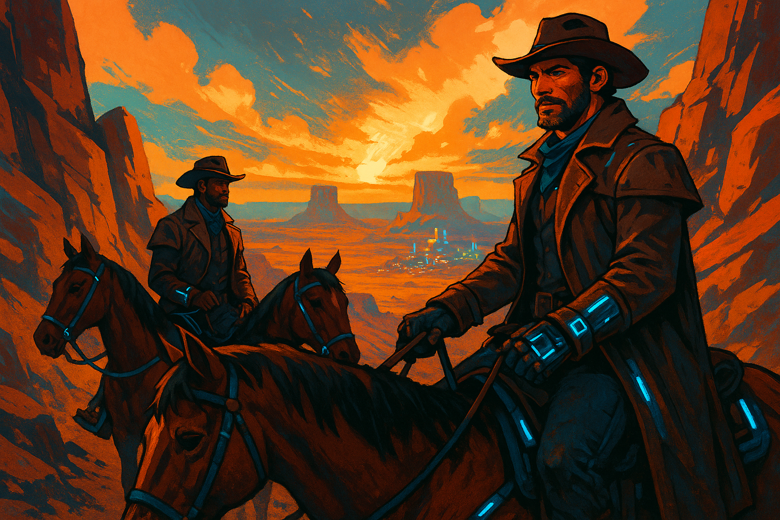 Golden-hour NeoAmericana western illustration of two rugged cowboys with glowing tech-trimmed dusters riding horses through a high rocky mountain pass, overlooking a vast desert basin with mesas and a distant glowing settlement.