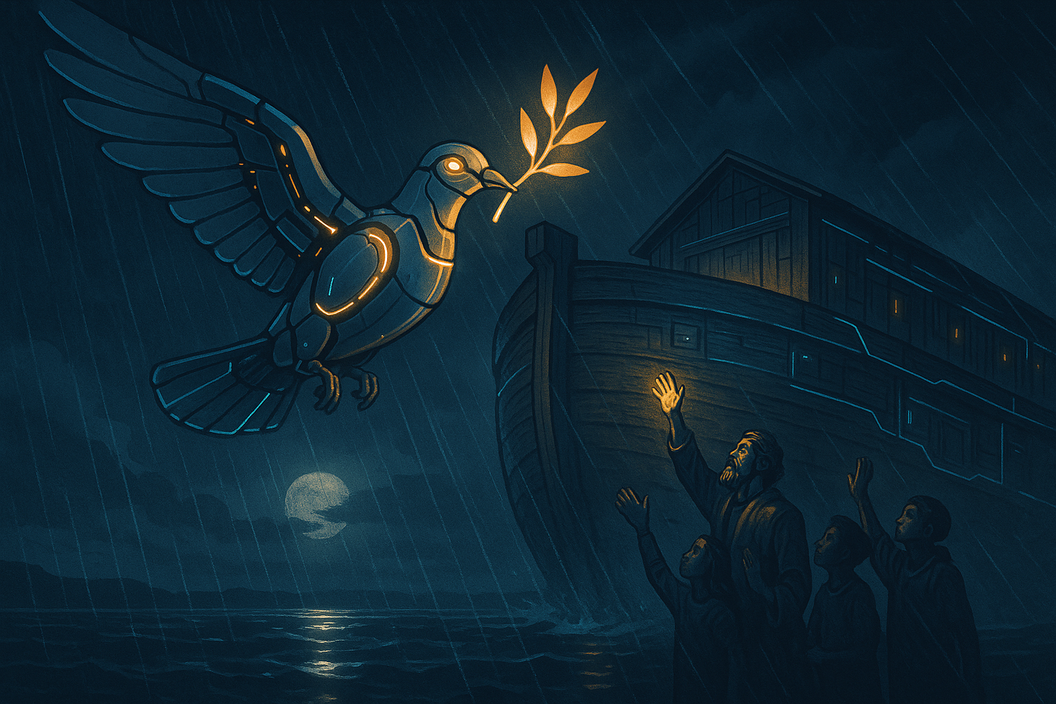 Cyberpunk NeoAmericana illustration of a glowing mechanical-organic dove carrying a luminous olive branch toward a weathered ark with faint tech paneling, as people on deck reach up in hope during a rain-streaked night.