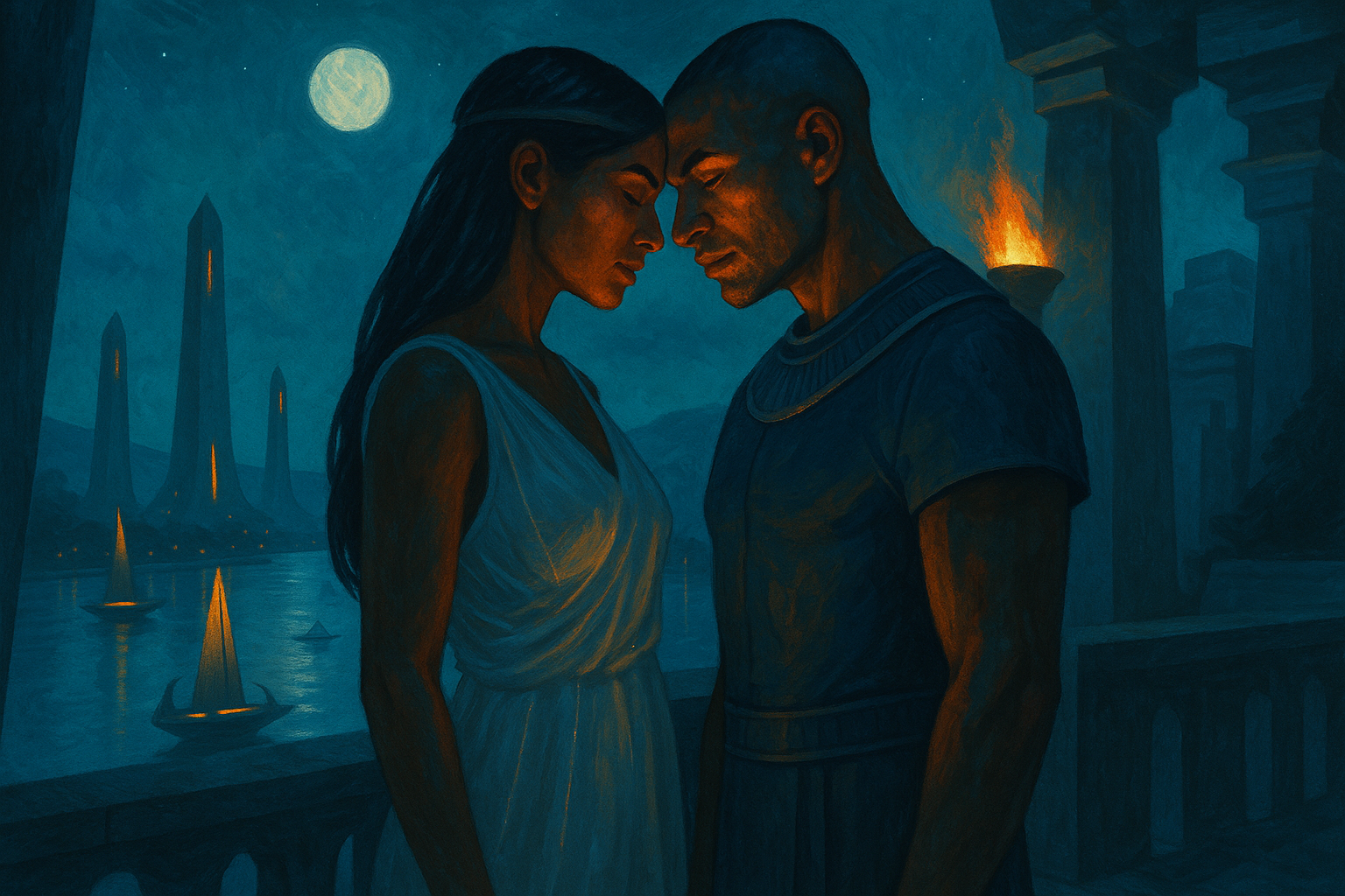 Cinematic painterly illustration of a man and woman standing forehead to forehead on a moonlit temple balcony overlooking a futuristic Nile lined with glowing obelisks, lit in cool blue-teal moonlight with a warm torchlight accent.