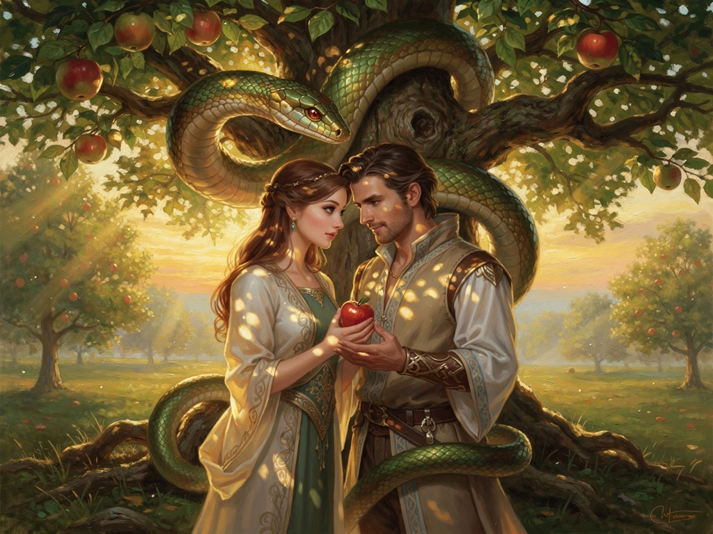 Classical painterly illustration of Adam and Eve standing close together beneath the tree of knowledge, a serpent coiled through its branches, golden late-afternoon light and ripe red fruit overhead.