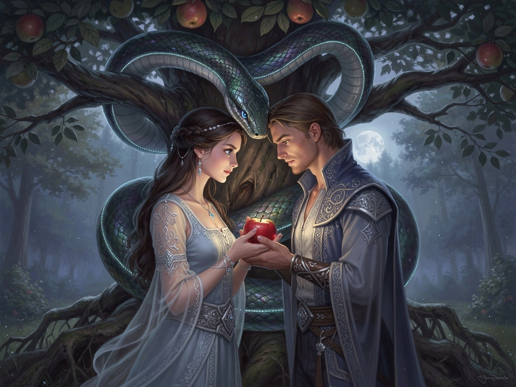 Classical illustration of Adam and Eve in pale flowing robes holding a glowing red fruit between them at dusk, a large serpent wound through the dark tree above, in a cool moonlit forest clearing.
