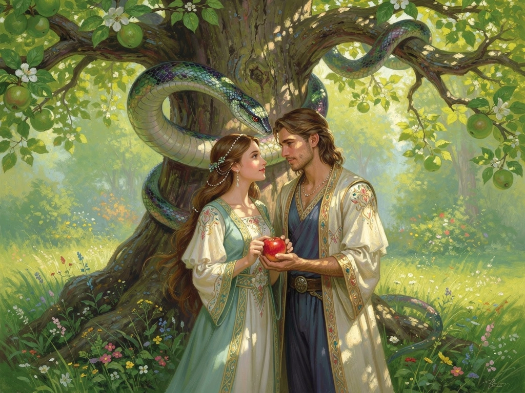 Classical illustration of Adam and Eve nearly forehead to forehead beneath a blossoming tree of knowledge with a serpent curled above them, soft daylight and wildflowers in a bright spring meadow.