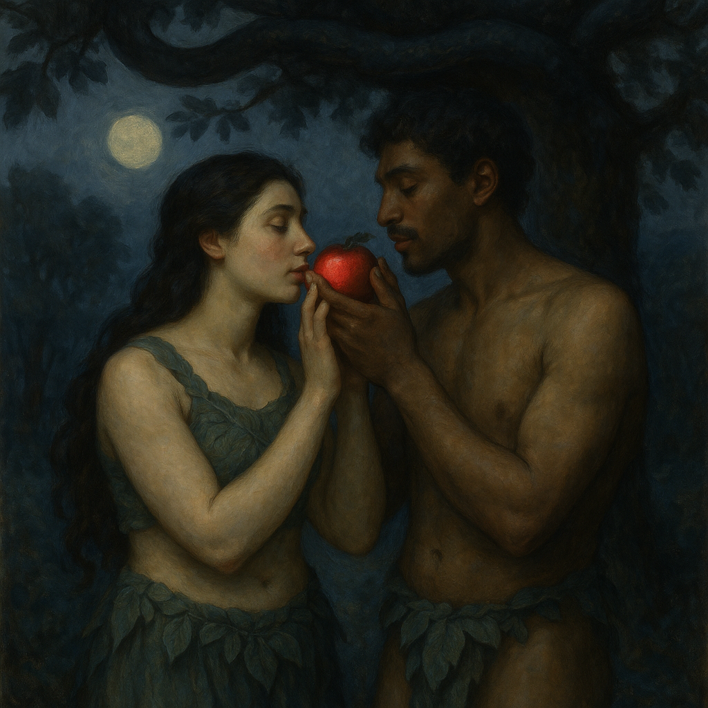 Classical Romantic oil-painting illustration of Adam and Eve wearing simple leaf-and-vine garments, standing close beneath the tree of knowledge in cool moonlit dusk, both reaching together for a glowing red apple and sharing the bite, a serpent coiled in the dark branches above.