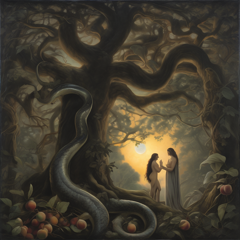 Moody classical oil-painting illustration of Adam and Eve at the base of the tree of knowledge in a moonlit forest clearing, Eve modestly covered by her own flowing hair and leaves, Adam standing behind her in a leaf wrap, a serpent coiled at the roots.