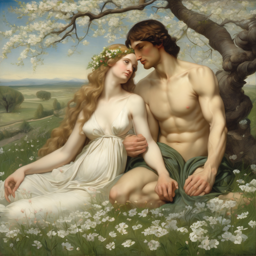 Classical oil-painting illustration of Adam and Eve seated close together in a blossoming spring meadow, Eve wearing a flower crown and modestly draped in wildflowers and linen, Adam bare-chested with a flowering vine at the waist.