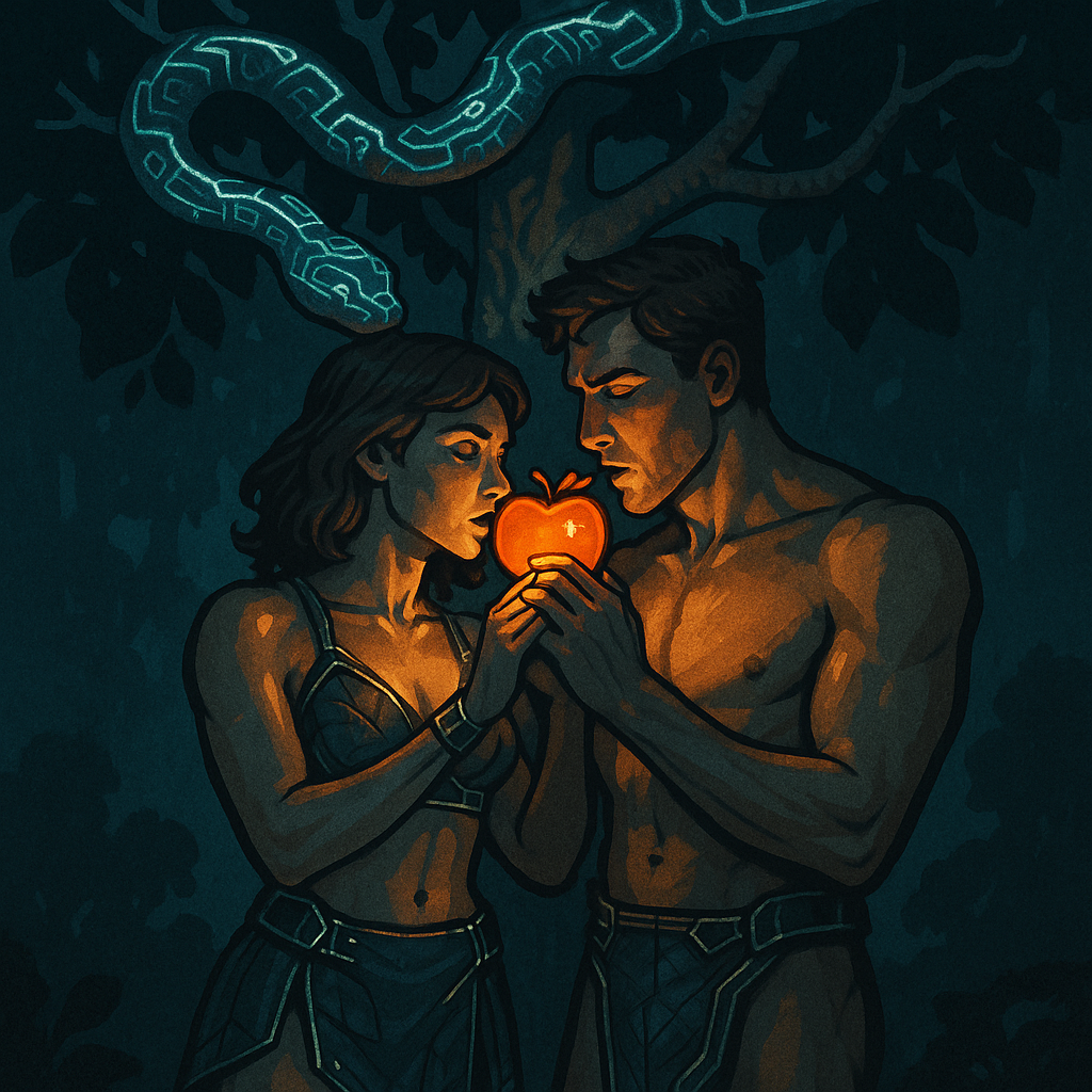 NeoAmericana cyberpunk illustration of Adam and Eve wearing fitted leaf-pattern tech outfits with glowing circuit seams — a bikini top and wrap skirt on Eve, a loincloth wrap on Adam — sharing a glowing red apple beneath a tree with a circuit-patterned serpent coiled above.