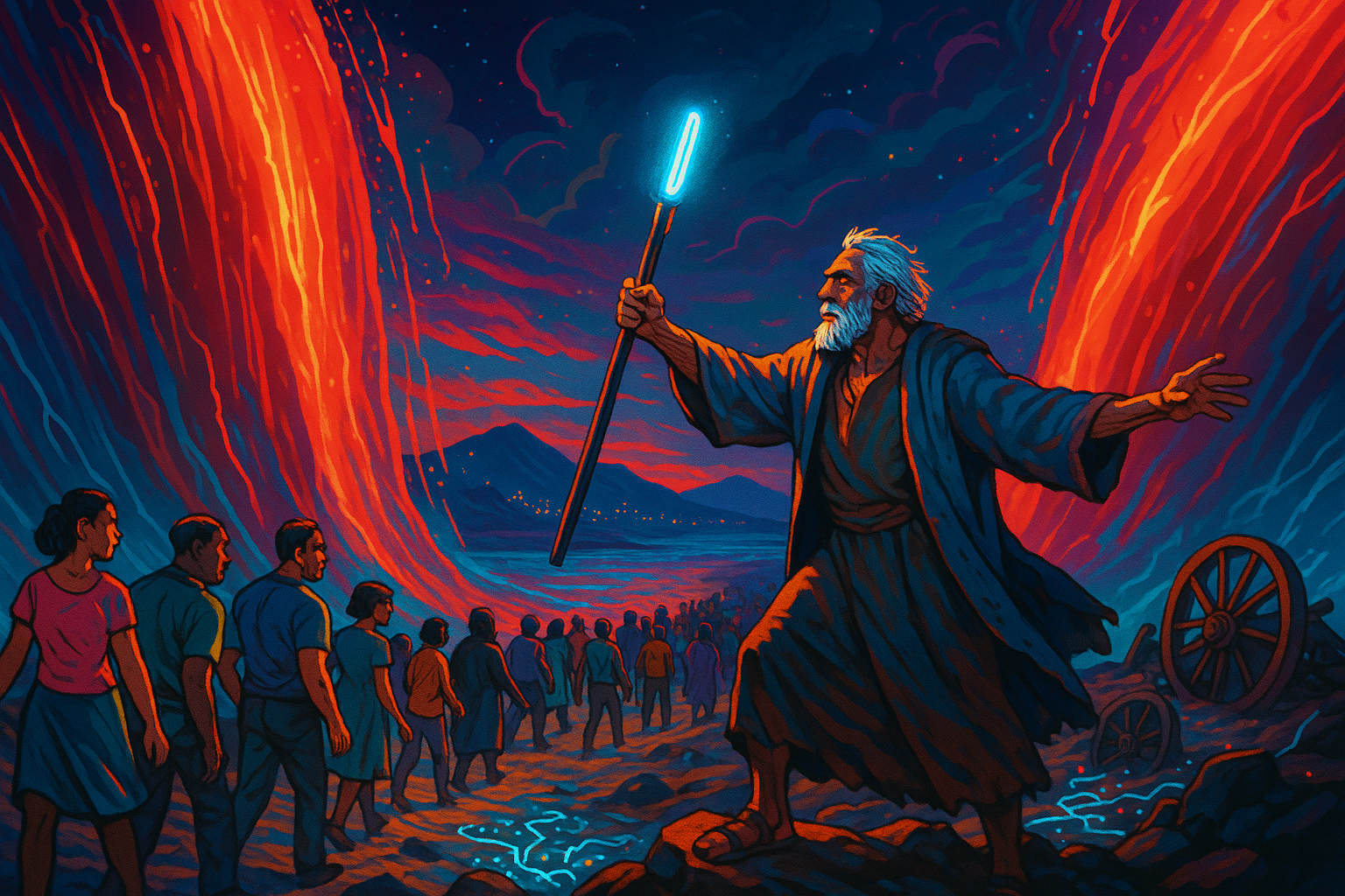 NeoAmericana cyberpunk illustration of Moses holding a glowing staff on a rocky shoreline, parting two towering walls of neon crimson water as a diverse crowd crosses the exposed seabed toward distant glowing mountains.