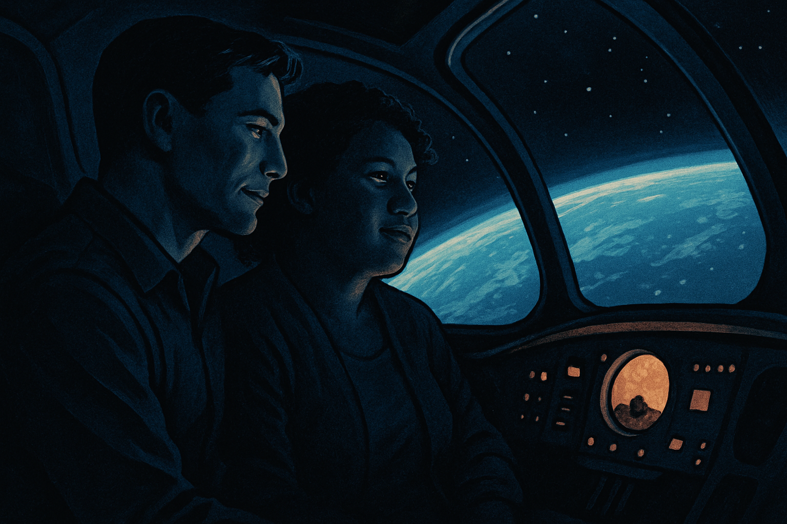 Painterly NeoAmericana illustration of a man and woman in a spacecraft cockpit lit by soft instrument glow, gazing at a breathtaking curved view of Earth's oceans and clouds filling the cockpit window among scattered stars.