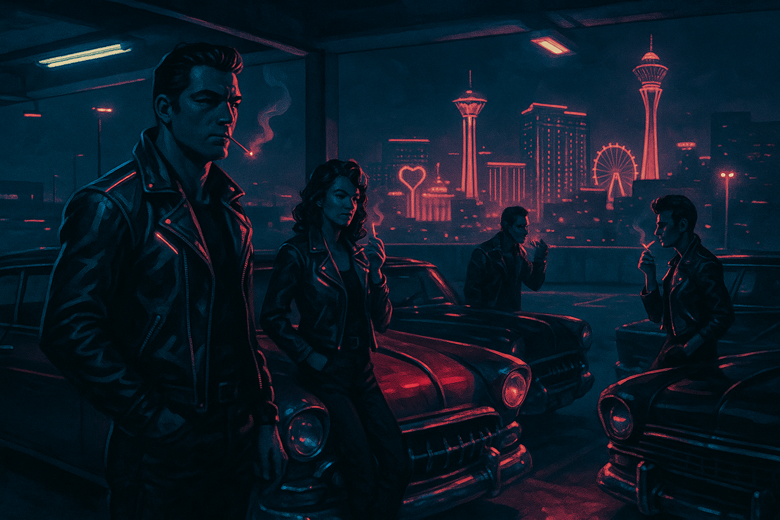 Moody NeoAmericana noir illustration of cyberpunk greasers in leather jackets with glowing tech trim leaning on polished classic cars on an empty rooftop parking deck, with a neon-lit Las Vegas skyline glowing in the distance at night.