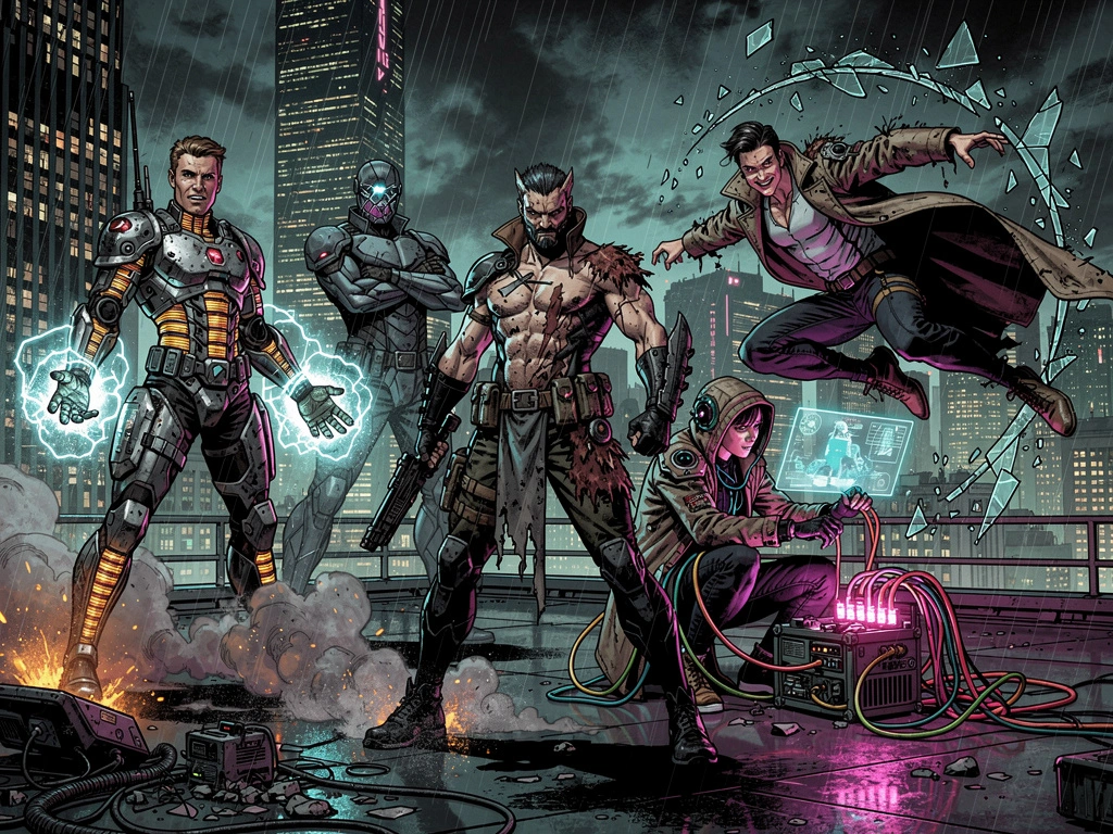 Cyberpunk comic-book illustration of larger-than-life antihero archetypes: a crackling-energy inventor, a masked obsessive strategist, a scarred loner vigilante, a wired-in hacker, and a daredevil mid-leap, lit in neon magenta and cyan against a rain-soaked megacity skyline.