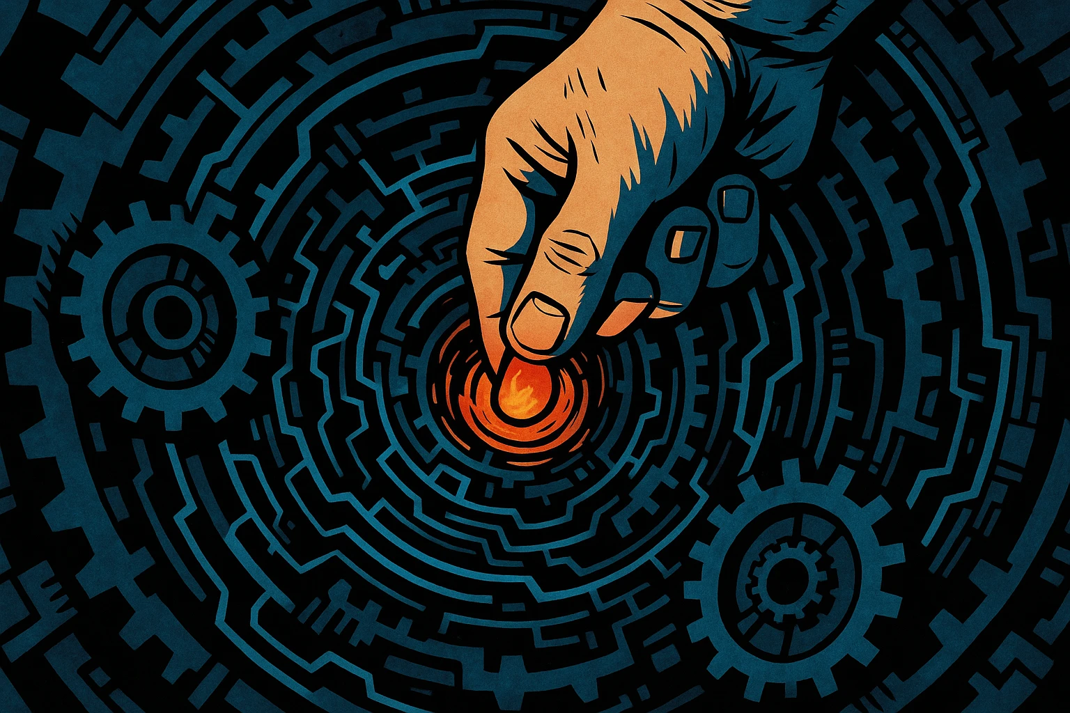 Comic-book style illustration with bold black ink contours and cel-shaded color: a hand pressing a single glowing ember-seed into the center of a swirling mechanical vortex made of gears and circuitry, the seed the only warm light source in an otherwise cool-toned machine.