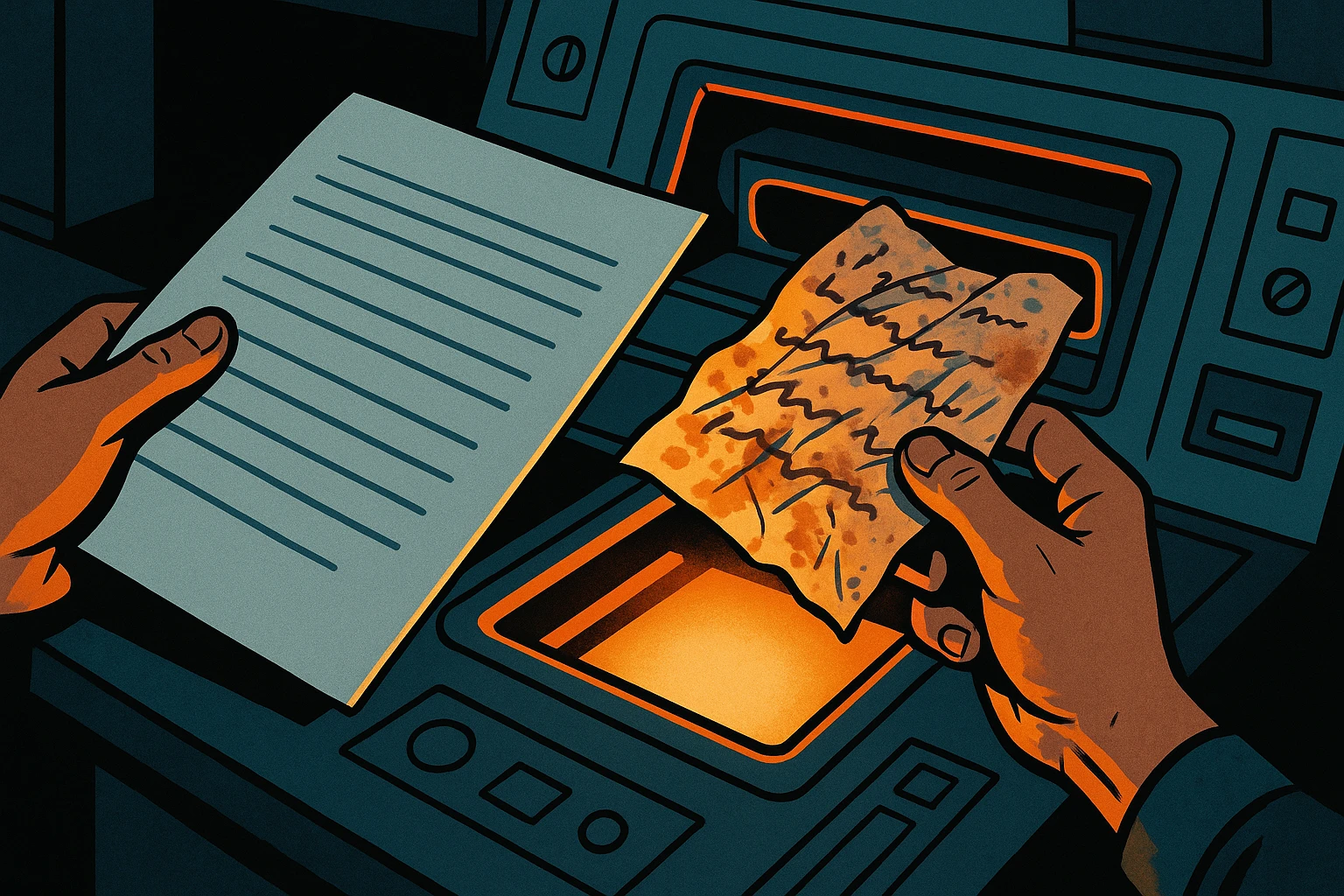 Comic-book style illustration with bold black ink contours and cel-shaded color: a hand pushing aside a crisp, typed, polished document and instead feeding a crumpled, coffee-stained, handwritten napkin note into a glowing machine slot.