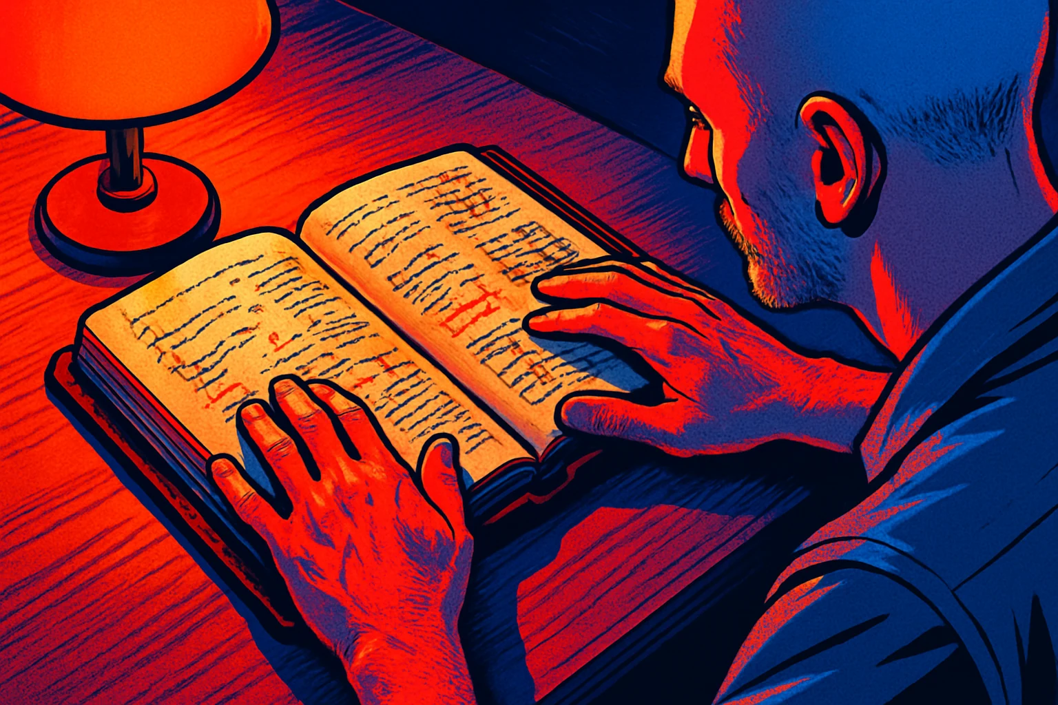 Comic-book style illustration of a bald man's hands resting on an open, worn journal covered in handwritten notes, lit by a warm red-orange desk lamp.