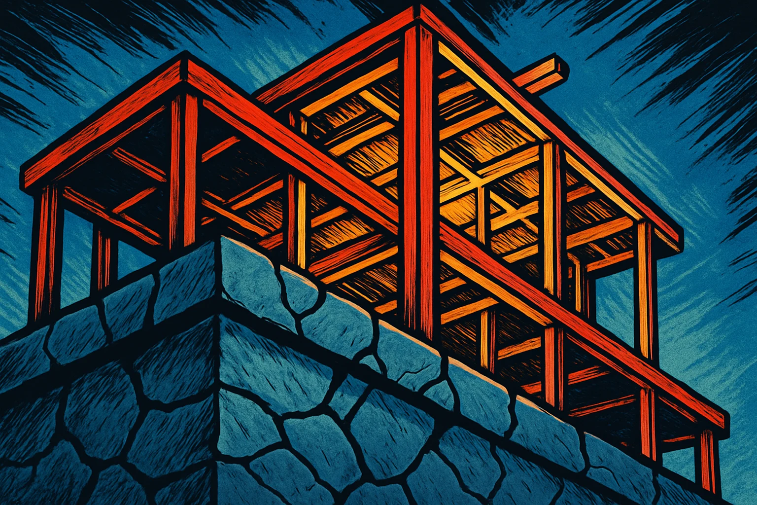Comic-book style illustration of a warm, glowing wooden building frame rising directly out of cracked cold-blue stone foundation blocks, the cracks visible and unrepaired.