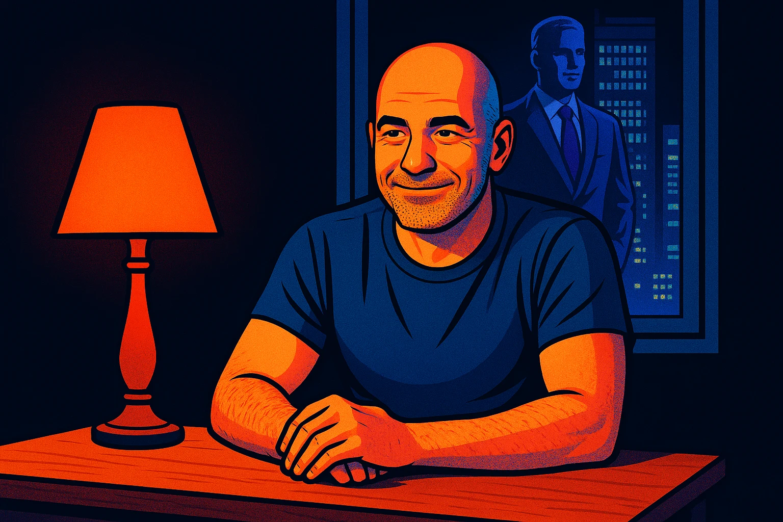 Comic-book style illustration of a bald man sitting calmly at a lamp-lit table at night, a faint translucent ghost of himself in a suit visible in the dark window behind him, standing in a corporate high-rise.