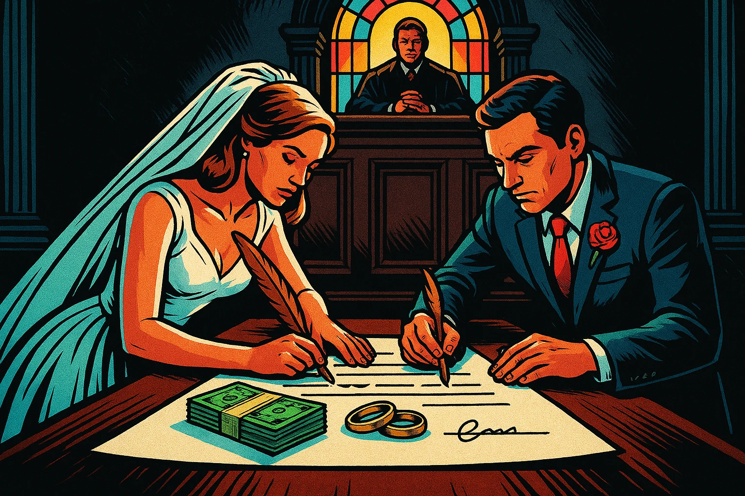 Comic-book style illustration of a bride and groom signing an oversized contract at an altar that doubles as a courtroom bench, cash and wedding rings resting on the document between them.