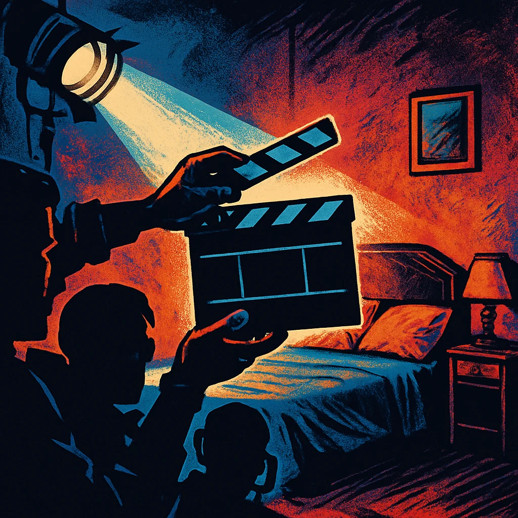 Comic-book style illustration of a clapperboard held up in front of a dramatically lit bedroom film set with a silhouetted camera crew.