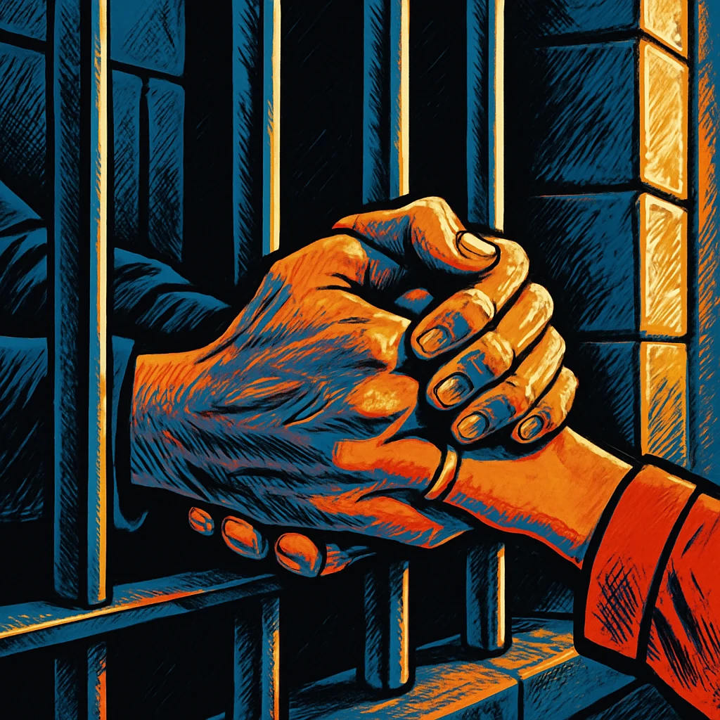Comic-book style illustration of two hands intertwined through prison bars, a wedding band visible on one wrist.