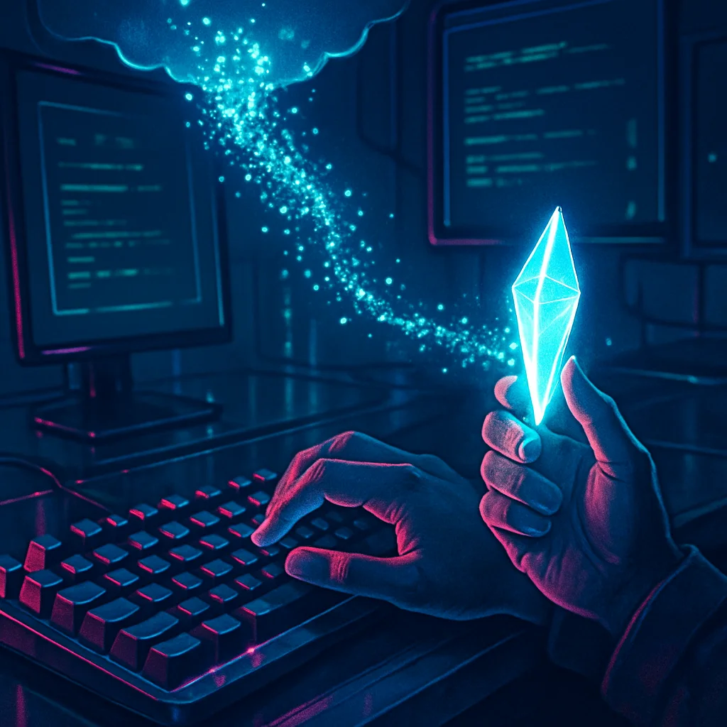 Comic-book style neon-noir illustration: a pair of hands at a mechanical keyboard, a stream of glowing raw data particles pouring down from above and condensing into a single dense crystalline shard of light held in the other hand.