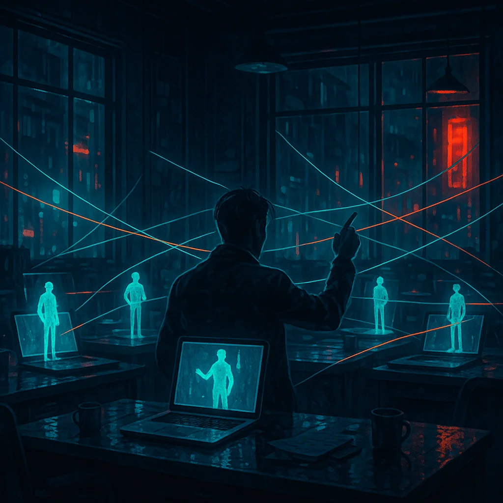 Comic-book style neon-noir illustration: a figure seen from behind directing a room of laptop screens, each one projecting a small glowing translucent operator standing at its own post, thin lines of light connecting them across a dark room.