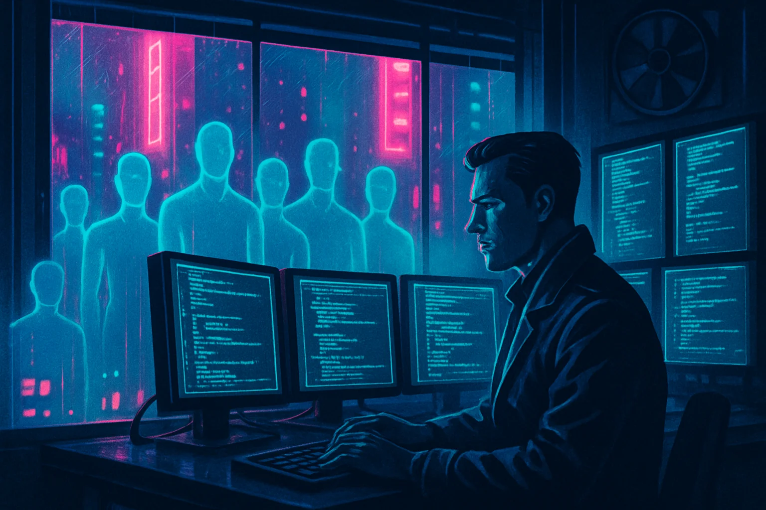 Comic-book style neon-noir illustration: an operator at a bank of glowing terminal monitors in a dark room, a translucent crew of five silhouetted figures standing at attention in the neon-lit window behind him, deep blue and magenta city light outside.