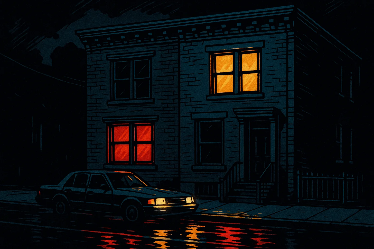 Comic-book style neon-noir illustration of a two-floor row house apartment at night, one window glowing warm gold on the upper floor, the lower floor lit red, a car idling at the curb, bold ink contours.