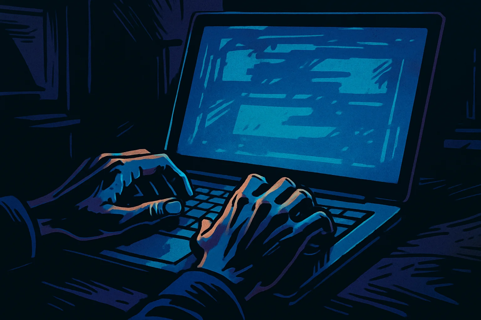 Comic-book style neon-noir illustration of hands typing on a laptop keyboard at night, the screen's cold blue glow the only light source, bold ink contours, no readable text on screen.