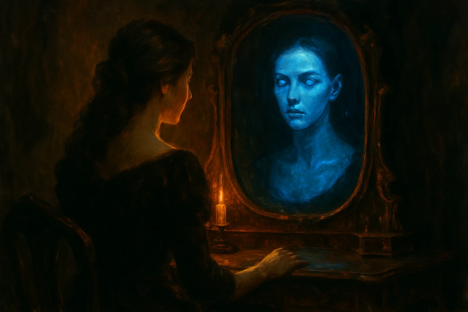 A woman at a vanity mirror, warm light on her face, the cold digital reflection of herself staring back from the glass.
