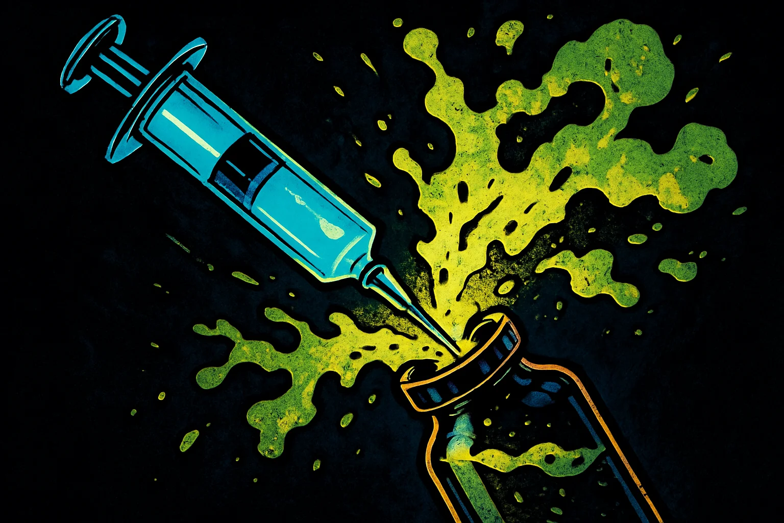 Comic-book style neon-noir illustration: a glowing syringe of clean blue light being poured into and corrupted by a spreading toxic green-yellow contamination, bold ink contours, no text.