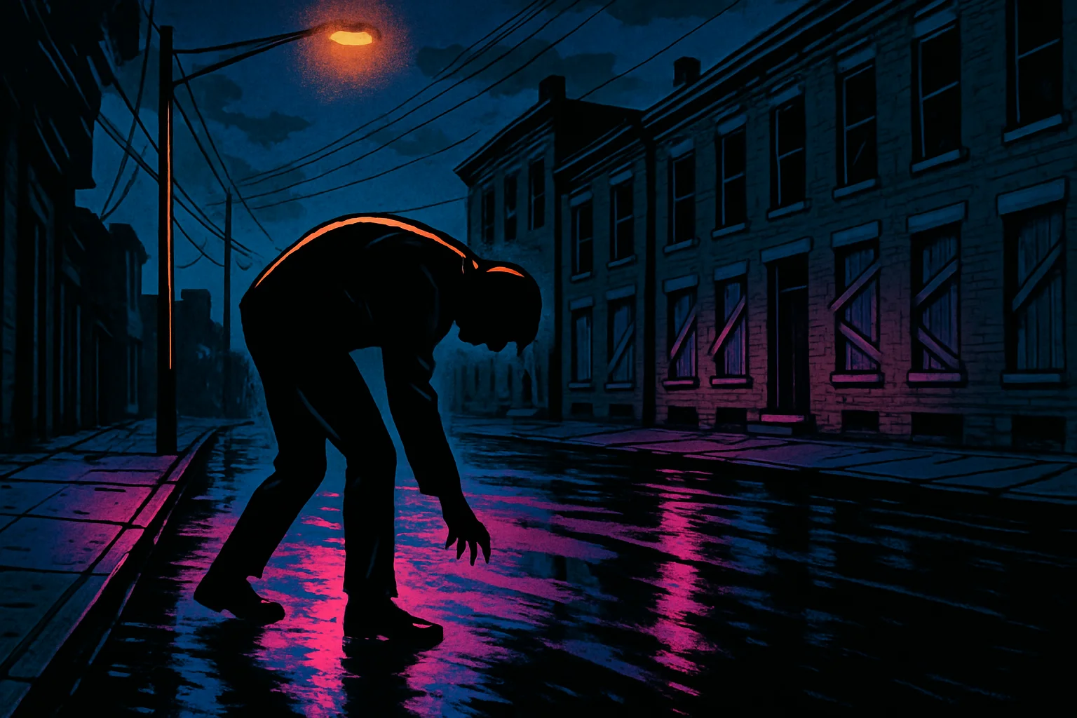 Comic-book style neon-noir illustration: a lone figure bent double at the waist on an empty nighttime street, motionless under a sodium streetlight, rendered in deep blue and magenta with bold ink contours.