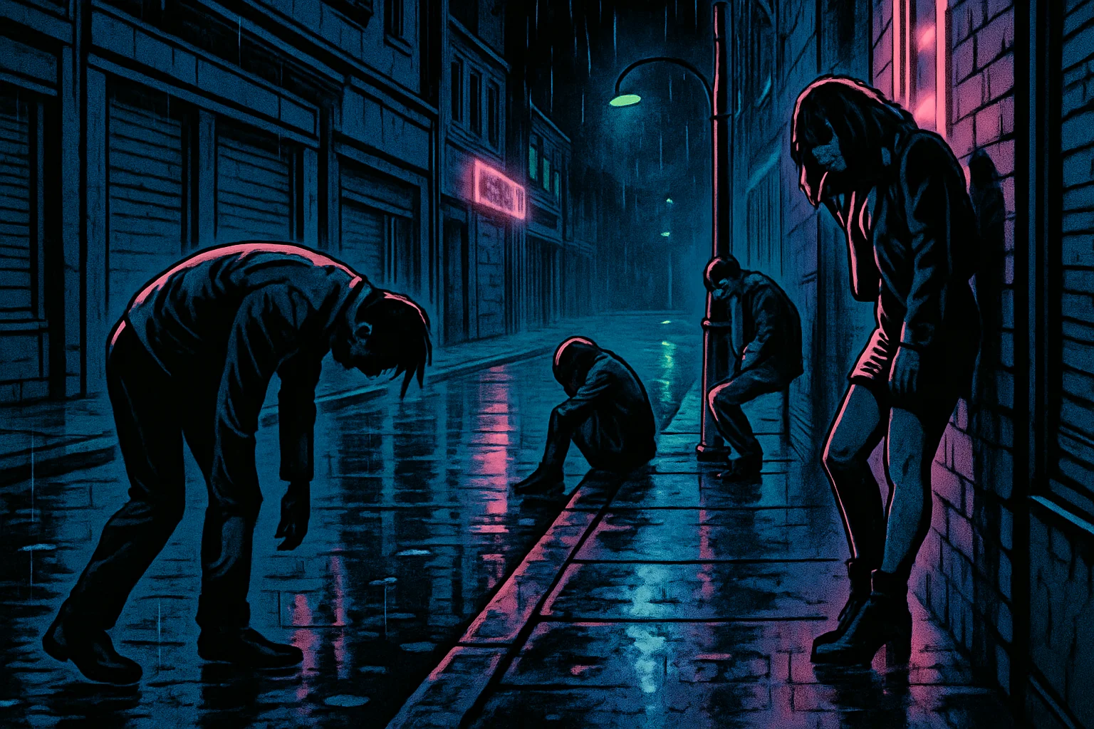 Comic-book style neon-noir illustration: a mixed group of silhouetted men and women motionless on a rain-slicked street at night — one man bent nearly double at the waist, one woman doubled over sitting on a curb with her head down, a woman dressed for street sex work slumped against a wall, a man slumped against a lamppost. Nobody is walking. Bold ink contours, deep blue and magenta neon, no text.