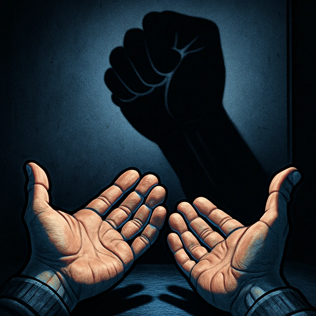 Hyper-real cartoon illustration: a pair of open, upturned, pleading hands held out in vulnerability, while the shadow cast on the wall behind them is a hard clenched fist.