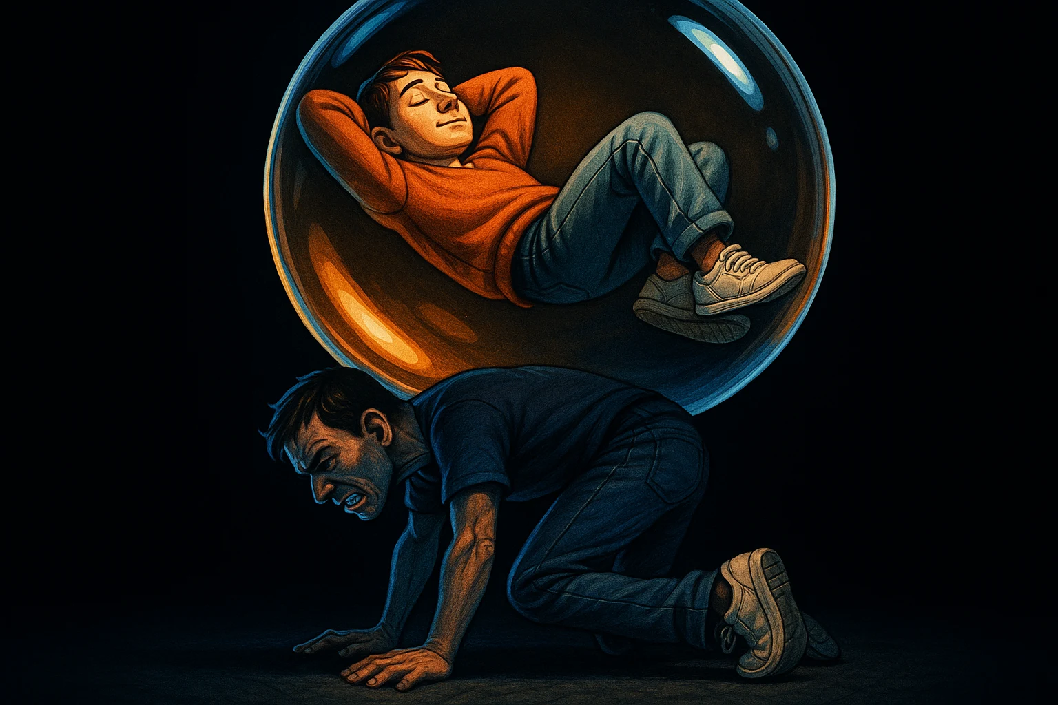 Hyper-real cartoon illustration: a man reclines in total comfort inside a huge glowing soap bubble while, beneath it in cold blue darkness, another man on hands and knees carries the bubble's entire weight on his back.