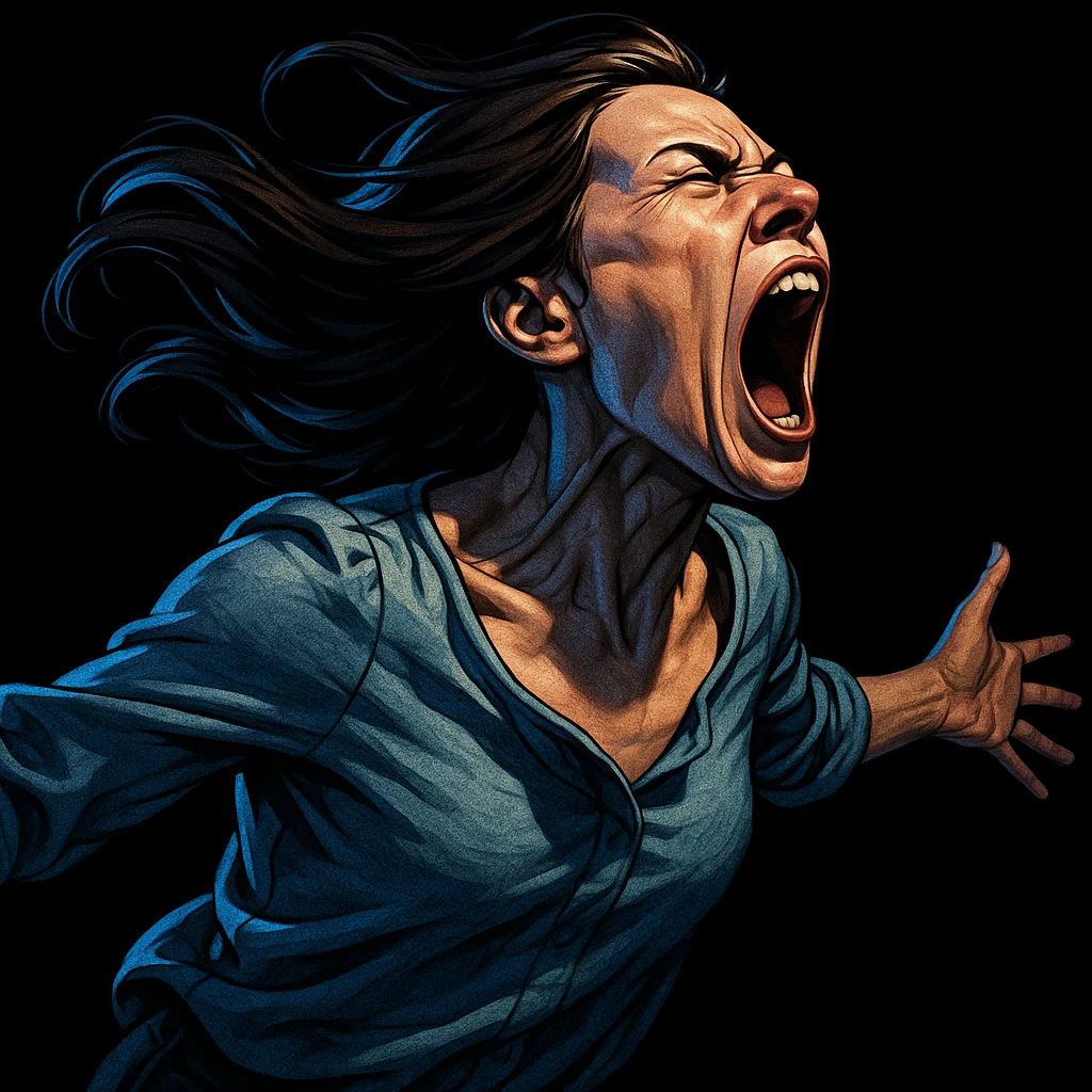 Hyper-real cartoon illustration of a woman mid-shout in an argument, head thrown back, mouth open in a raw scream, hair whipping outward, lit in freezing blue against pure black.